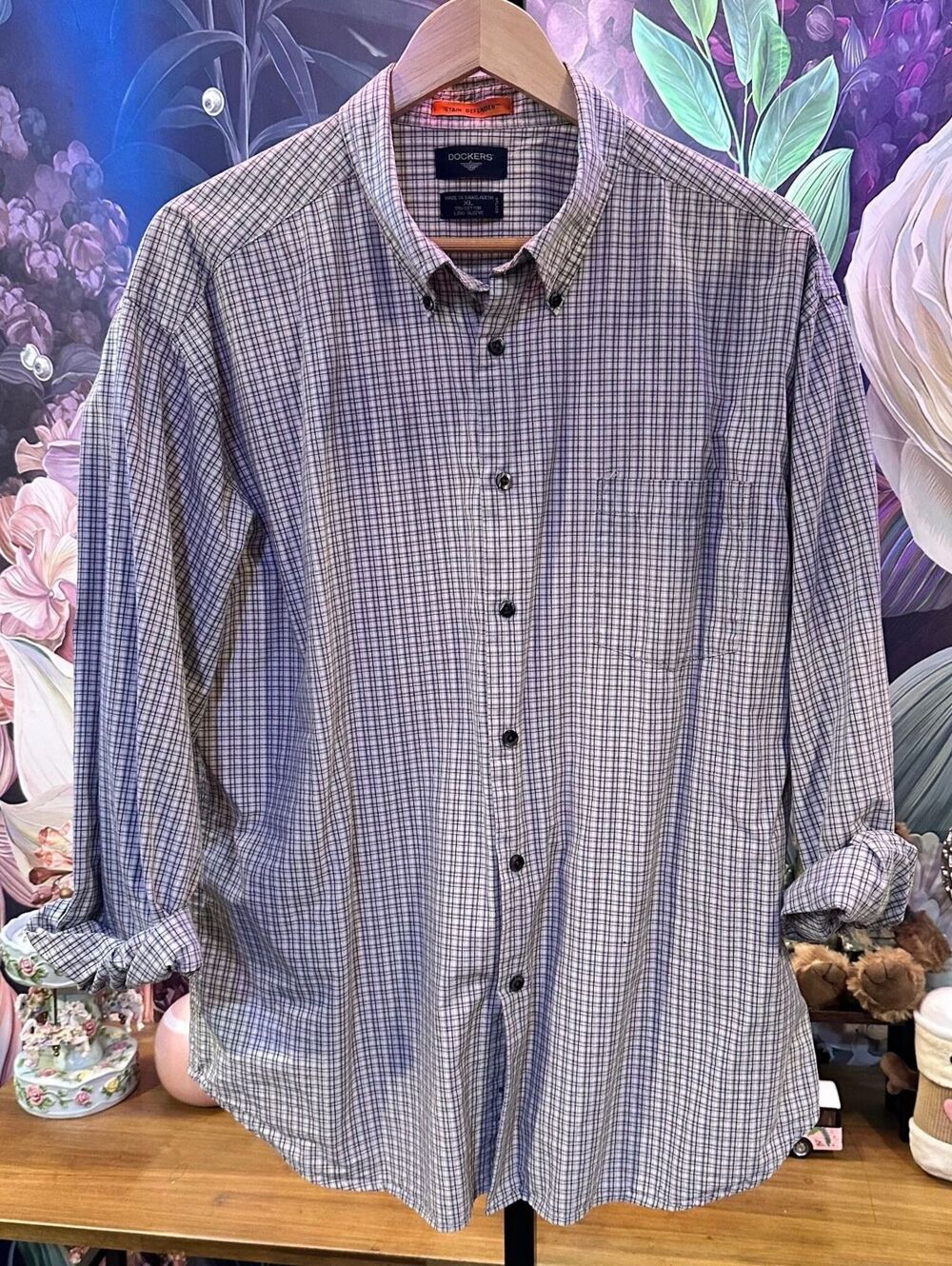 Dockers Men's XL Stain Defender Plaid Button Down Shirt Long Sleeve Gray Office